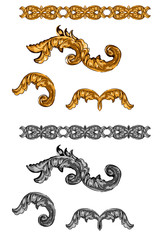 Set of golden and silver  baroque vector hand drawn elements isolated.