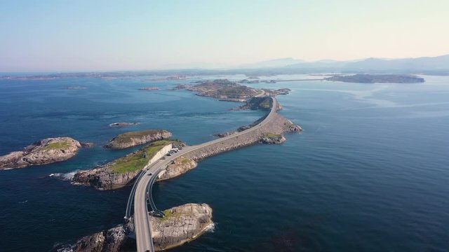 Aerial view of camping cars on Atlantic Road (Atlanterhavsveien) also known as ”The Road in the Ocean” in Norway. National Tourist Route.