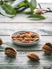 Almond tree branch with bowl of fresh almond nuts.
