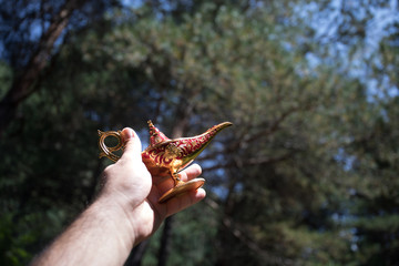 Antique artisanal Aladdin Arabian nights genie style oil lamp at the forest. Lamp of wishes fantasy...