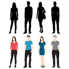 Set of silhouettes of men and women standing in different poses, cartoon character, group of business people, vector illustration, flat designe icon, multicolored isolated on white 