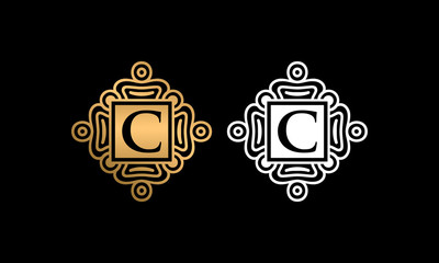 C letter initial logo design vector template, Letter C Logo Design With Square ornament, Gold and white ornament with C letter logo design, luxurious C letter logo,  C letter logo icon for beauty 