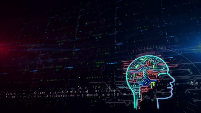 Artificial intelligence head lower thirds. Seamless and loopable digital background with space for contents. Abstract futuristic concept of cybernetic brain, machine learning and cyber mind.