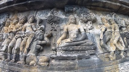 Stone images in the temple of Borabudur in Java island, Indonesia