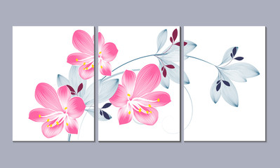 Set of three wall paintings, canvas for the living room. Poster element for interior design of a dining room, bedroom, office. Abstract floral background with clivia flowers. Home decor of the walls