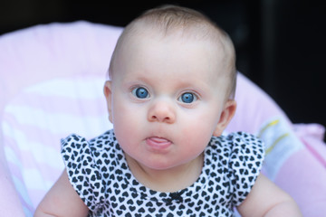 Portrait of 5 Month Old Cute Baby Girl with Big Eyes, Infant , New family concept, The most Beautiful Baby Princesse, Happy Baby Girl, Funny Face Expression