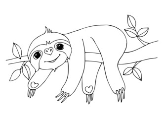 Cute smiling sloth hanging on tree branch. Hand drawn lovely sloth for adult coloring page. Vector illustration. May be used for print on t-shirt, wallpaper or poster.