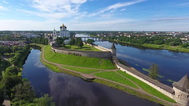 Aerial view of Pskov Kremlin and Trinity Cathedral church, Russia, 4k