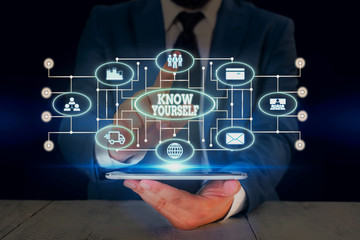 Text sign showing Know Yourself. Business photo text Find You Understanding Strength and Weaknesses Identity Male human wear formal work suit presenting presentation using smart device