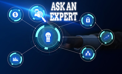 Conceptual hand writing showing Ask An Expert. Concept meaning consult someone who has skill about something or knowledgeable Woman wear work suit presenting presentation smart device