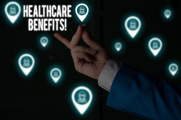 Text sign showing Healthcare Benefits. Business photo showcasing monthly fair market valueprovided to Employee dependents Male human wear formal work suit presenting presentation using smart device