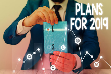 Conceptual hand writing showing Plans For 2019. Concept meaning an intention or decision about what...