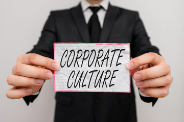 Text sign showing Corporate Culture. Business photo showcasing pervasive values and attitudes that characterize a company