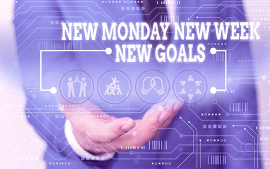 Handwriting text writing New Monday New Week New Goals. Conceptual photo showcasing next week resolutions To do list Male human wear formal work suit presenting presentation using smart device