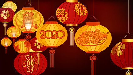 Traditional red Chinese lantern decorated for the Chinese New Year. Translation Mouse