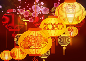 Traditional red Chinese lantern decorated for the Chinese New Year. Translation Mouse