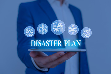 Text sign showing Disaster Plan. Business photo showcasing Respond to Emergency Preparedness...