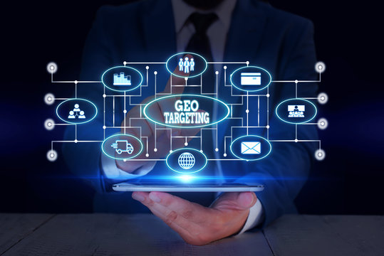 Text sign showing Geo Targeting. Business photo text Digital Ads Views IP Address Adwords Campaigns Location Male human wear formal work suit presenting presentation using smart device
