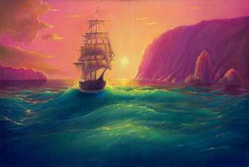 Oil painting on canvas, sea landscape background with ship, vessel in ocean drawing, its art hand drawn by oil