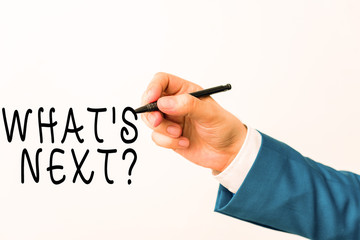Text sign showing What S Next Question. Business photo showcasing asking demonstrating about his coming actions or behaviors Isolated hand above white background. Pointing pen in the hand on white