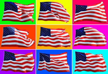 Conceptual group of waving American flags isolated over colorful backgrounds in a row