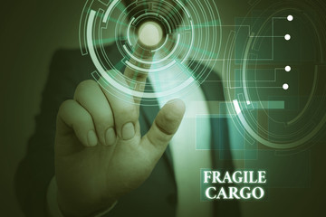 Handwriting text Fragile Cargo. Conceptual photo Breakable Handle with Care Bubble Wrap Glass Hazardous Goods Male human wear formal work suit presenting presentation using smart device