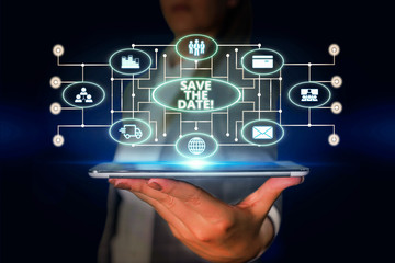 Word writing text Save The Date. Business photo showcasing reserve the mentioned future wedding date on their calendar Woman wear formal work suit presenting presentation using smart device