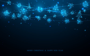 Merry Christmas and Happy New Year postcard. Christmas decoration technology concept on dark blue background