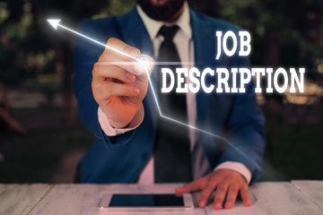 Text sign showing Job Description. Business photo showcasing a formal account of an employee s is...