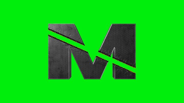 Metal letter m isolated on green screen or chroma key. Abstract of iron burned and cut by a laser or beam of light. Burning steel Text Effect.Can be used as logo. 3d Animation alphabet 4k
