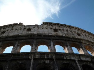 View of the Roman Colosseum outside against the blue sky. August 2012 