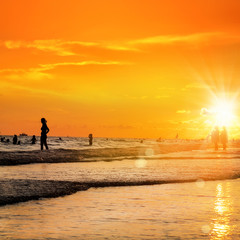 Fototapeta premium group of silhouetted people on public beach over orange colored sunset sky in Siesta key, Sarasota, Florida