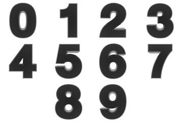 Number from 0 to 9 black color 3D rendering on white background