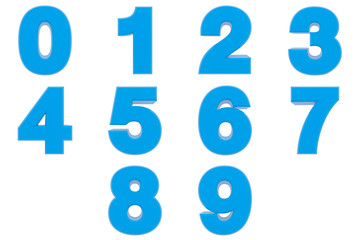 Number from 0 to 9 blue color 3D rendering on white background