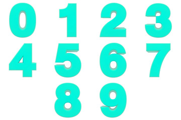 Number from 0 to 9 3D rendering on white background