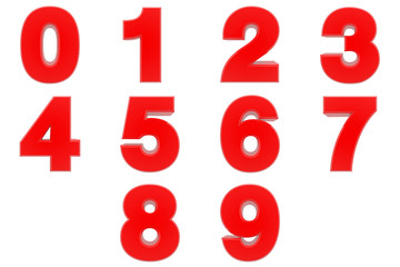 Number from 0 to 9 red color 3D rendering on white background