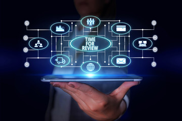 Word writing text Time For Review. Business photo showcasing review of a system or situation in its formal examination Woman wear formal work suit presenting presentation using smart device