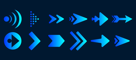 Set of vector arrows. Blue Arrows icon vector on black background