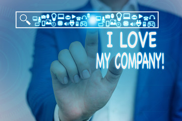 Conceptual hand writing showing I Love My Company. Concept meaning tell why admire their job and workplace Male wear formal suit presenting presentation smart device