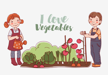 Children working in a vegetable garden. Kids gardening and watering