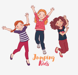 Happy kids jumping over white background. Happiness, childhood, and freedom concept