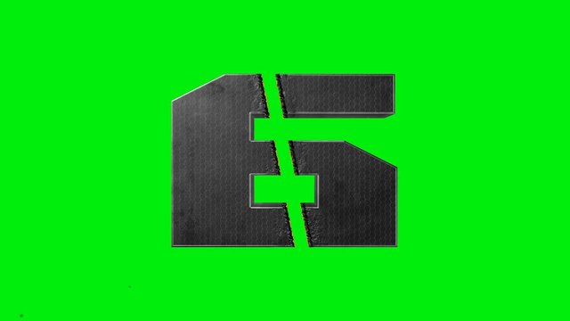 Metal letter number "6" six isolated on green screen or chroma key. Abstract of iron burned and cut by a laser or beam of light. Burning steel Text Effect.Can be used as logo. Animation 3d 4k