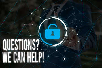 Writing note showing Questionsquestion We Can Help. Business concept for offering help to those who wants to know Male wear formal work suit presenting presentation smart device