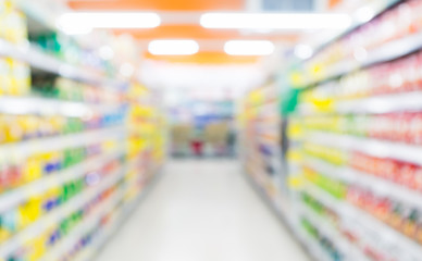blur or defocus background, perspective view of shelf in supermarket