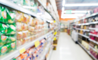 blur or defocus background, perspective view of shelf in supermarket