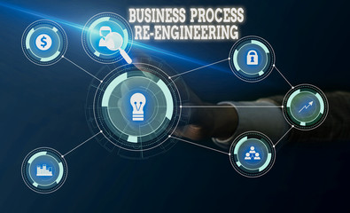 Conceptual hand writing showing Business Process Re Engineering. Concept meaning the analysis and design of workflows Woman wear work suit presenting presentation smart device