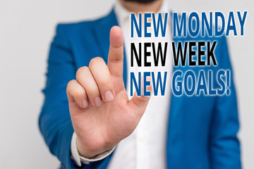 Word writing text New Monday New Week New Goals. Business photo showcasing goodbye weekend starting fresh goals targets Businessman in blue suite and white shirt pointing with finger in empty space