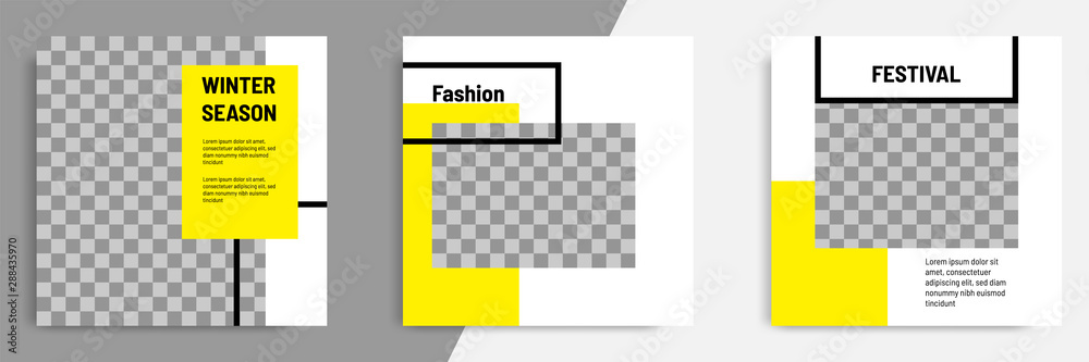 Sticker minimal layout square banner in black yellow frame color. editable geometric banner template for soc
