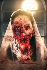 Scary bride ghost with bloody face at night time
