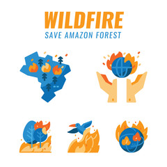 Save amazon forest and wild animals from wildfires. Flat design icons. vector illustration